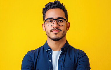 Fototapeta premium Confident young man posing studio setting portrait photography bright yellow background eye-level view personal branding