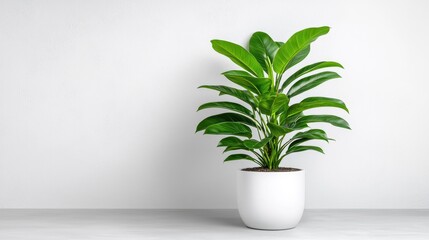 Fototapeta premium Green potted houseplant stands in a white ceramic pot against a clean minimalist wall with copy space.