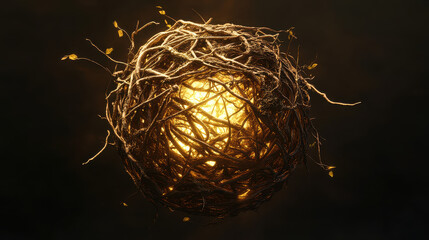 An intricate ball of gnarled roots and delicate ivy, softly illuminated by golden light from within, surreal yet natural aesthetics