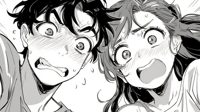 漫画風のびっくりしたカップル