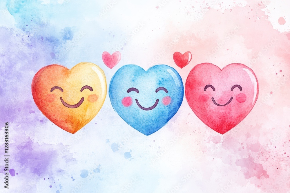 Aufkleber colorful watercolor hearts with smiling faces and playful designs in a joyful composition. generativ