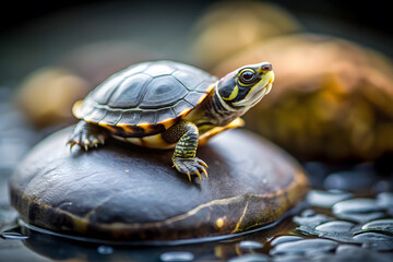Fototapeta premium turtle on the rock blur backdrop