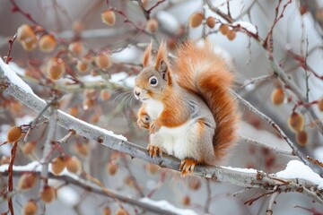 The squirrel sits on a branches without leaves in the winter or autumn. Eurasian red squirrel, Sciurus vulgaris