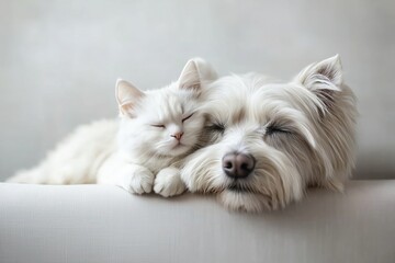 Dog and Cat lying together on a blanket at cozy home