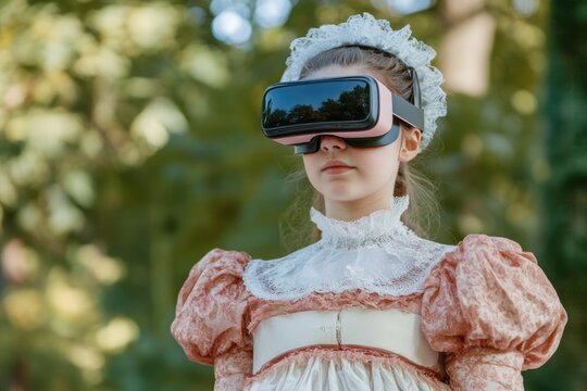A young girl wearing a colorful dress and a virtual reality headset, enjoying her digital adventure