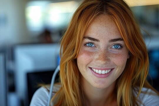 Close-up of a smiling woman working in a call center, aiding customers with a bright smile.