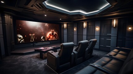 Cutting edge futuristic home theater setup featuring advanced smart lighting and automated control systems for an immersive multimedia experience