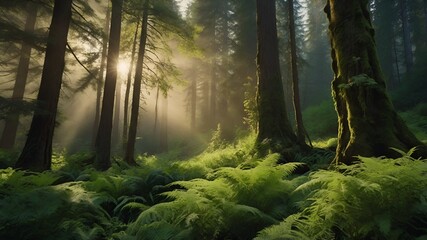 Obraz premium Mystical Sunlit Forest with Lush Greenery.