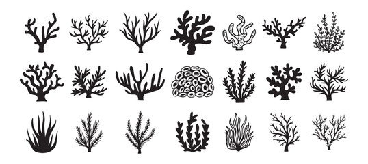 Coral silhouettes, seaweed black icon. Abstract organic corals shape, underwater plant, sea doodle. Cartoon marine floral isolated set 