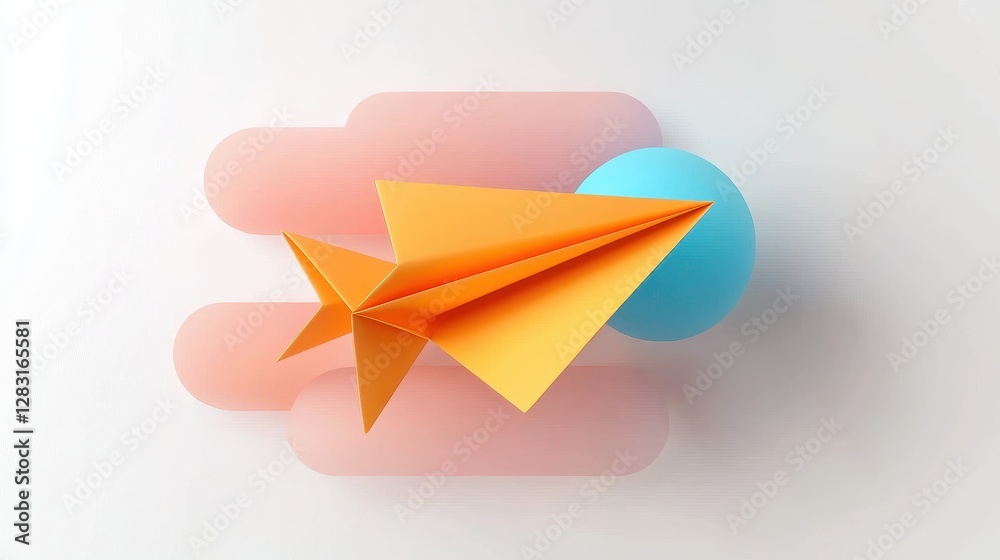 Poster perfectly folded paper airplane with colorful elements and smooth background isolated in minimalisti
