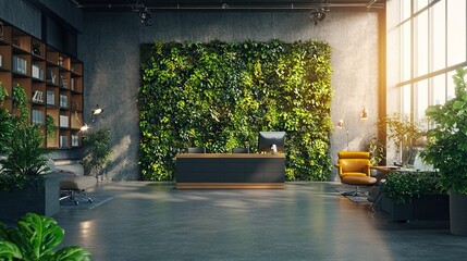 Green sustainable office space with employee rush promoting ESG standards, corporate sustainability, eco-friendly office practices, renewable energy, and green business solutions.