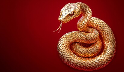 Fototapeta premium Majestic gold snake coiled on vibrant red. Hyper-realistic, luminous, and elegant. Ideal for Chinese New Year 'Year of the Snake' designs. Copy space available.