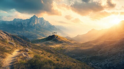 Golgotha’s Sacred Hill – Three Crosses Standing Against a Stormy Sky in a Vast, Barren Wilderness