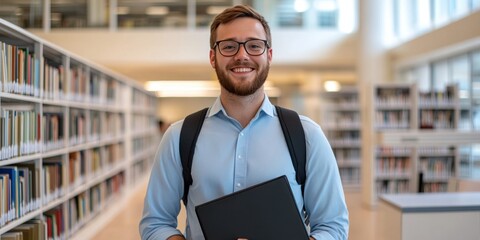 A cheerful student in a library, showcasing confidence and readiness to learn, perfect for educational and academic themes.