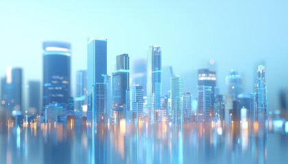 Fototapeta premium A modern skyline featuring sleek buildings and vibrant reflections by the water.