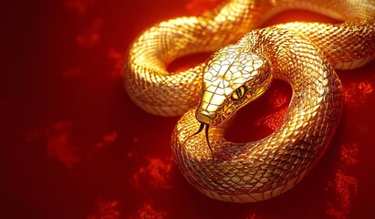 Fototapeta premium Luminous gold snake coiled on red background, hyper-realistic style. Majestic, powerful imagery for Chinese New Year, year of the snake designs, banners, and festive promotions with copy space.