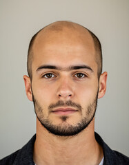 Fototapeta premium Portrait of a young man with balding head, hair loss, frontal fibrosing alopecia, generative AI.