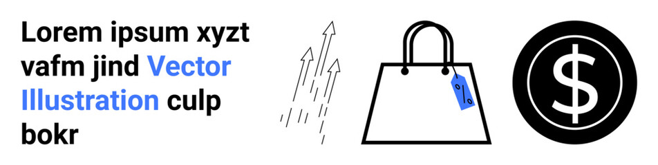 Shopping bag with tag beside dollar sign and arrows denoting financial growth, revenue, e-commerce, or retail. Ideal for sales, trends, shopping, business, profit marketing flat landing page banner