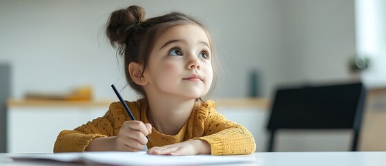 A photo of a cute little boy with his hair up, sitting at a desk, holding a pencil, opening his homework notebook, writing something, and looking up into space as if he had a good idea.