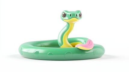 Fototapeta premium Green Toy Snake on White Background Surrounded by Inflatable Pool, Ideal for Play and Cartoon Themes
