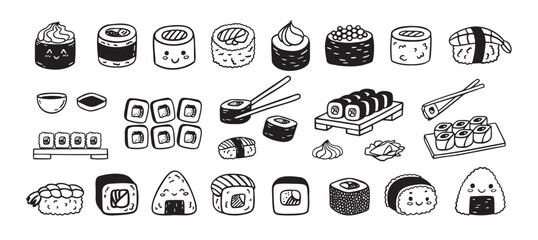 Sushi funny doodle set. Japanese hand drawn Food Sketch Icons. Kawaii drawing