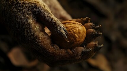 Obraz premium Close-up of a bear paw holding a walnut amidst autumn leaves in a forest setting