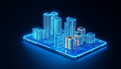 Fototapeta premium Futuristic digital city skyline on a smartphone displaying urban development.