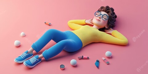 A playful 3D character enjoying leisure time, surrounded by various objects. Perfect for marketing themes related to relaxation, creativity, and lifestyle.