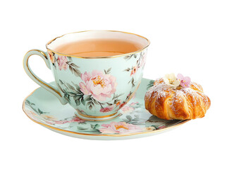 Elegant Tea Cup with Floral Design and Fresh Pastry on a White Background for Relaxation Theme