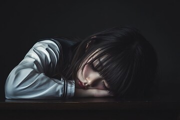 Obraz premium Metaphorical photo of sadness, depression or bullying of a student in school uniform sitting at a desk in a dark classroom with the lights off, arms crossed and eyes closed, sleeping