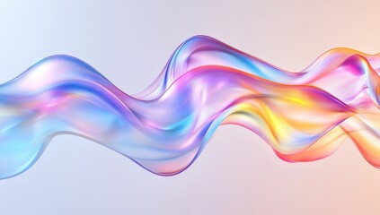 Abstract background with colorful waves and wavy lines. Rainbow glass ribbon on a light pastel gradient background.