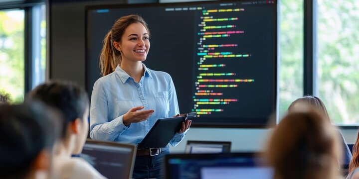 A confident female instructor leads a coding workshop, engaging students in a modern classroom with digital screens and collaborative tools.