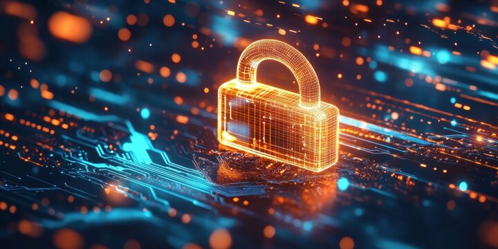 A digital illustration depicting a glowing padlock, symbolizing cybersecurity and data protection in a technology-driven world.