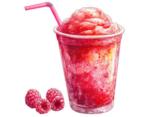Refreshing Frozen Raspberry Slush in a Cup with Straw and Fresh Raspberries Beside It