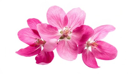 Fototapeta premium Bright pink cherry tree flowers on a white isolated background close up. Pink flower from sakura tree isolated on white background. Macro close up studio shot. Design elements isolated on white.