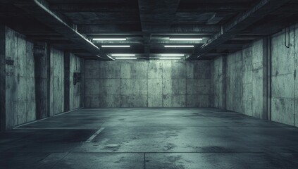 Empty underground parking lot with concrete walls and a grey floor.