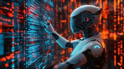 Futuristic Robot Interacting with Digital Interface in a Data Environment