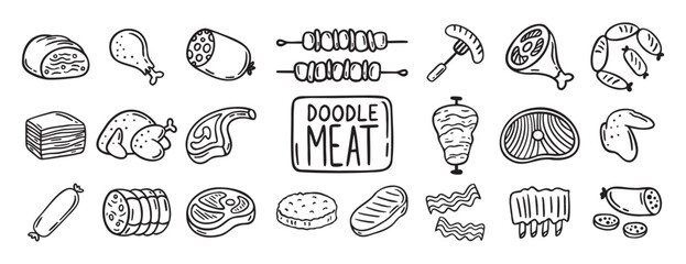 meat, pieces of meat and meat products doodle hand drawn icon set. Outline drawing meat products line clipart symbol collection