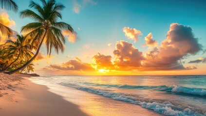 Beautiful sunset on the tropical beach with palm trees. Vibrant colorful sky.