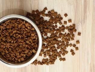 Detail of bowl with pet food inside. Food bowl and scattered granules around wooden table. Flat lay.