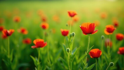 A bed of soft green wild poppy foliage covering the ground, spring, field