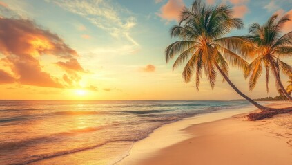 Beautiful sunset on the tropical beach with palm trees. Vibrant colorful sky.