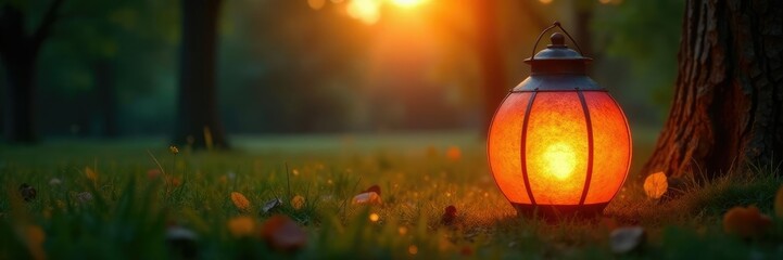 A big round lantern casting a warm golden light on the surrounding grass and trees, lantern, ambiance, lighting