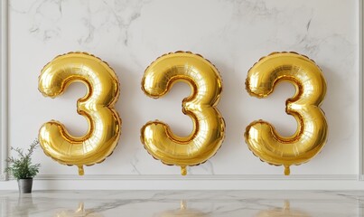 Gold 333 balloons on marble wall in elegant room
