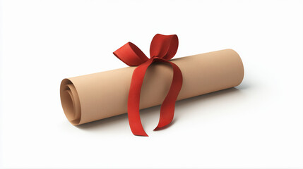 Academic achievements diploma scroll certificate awarded after successful graduation with ribbon isolated on white background. Diploma scroll roll award with ribbon