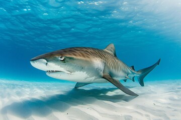 Naklejka premium Tiger Shark Up Close Full Body Shot. Stripes showing in clear blue water with white sandy bottom. Photo taken in The Bahamas.