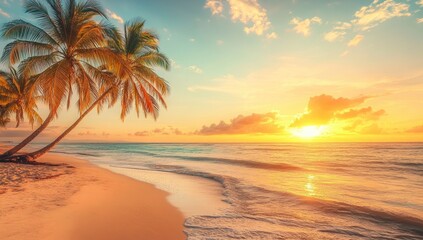 Beautiful sunset on the tropical beach with palm trees. Vibrant colorful sky.