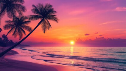 Beautiful sunset on the tropical beach with palm trees. Vibrant colorful sky.