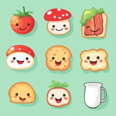 Charming Cartoon Food Illustrations Pixel Art Tomato, Mushrooms, Bread, and Milk Mug