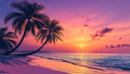 Obraz premium Beautiful sunset on the tropical beach with palm trees. Vibrant colorful sky.